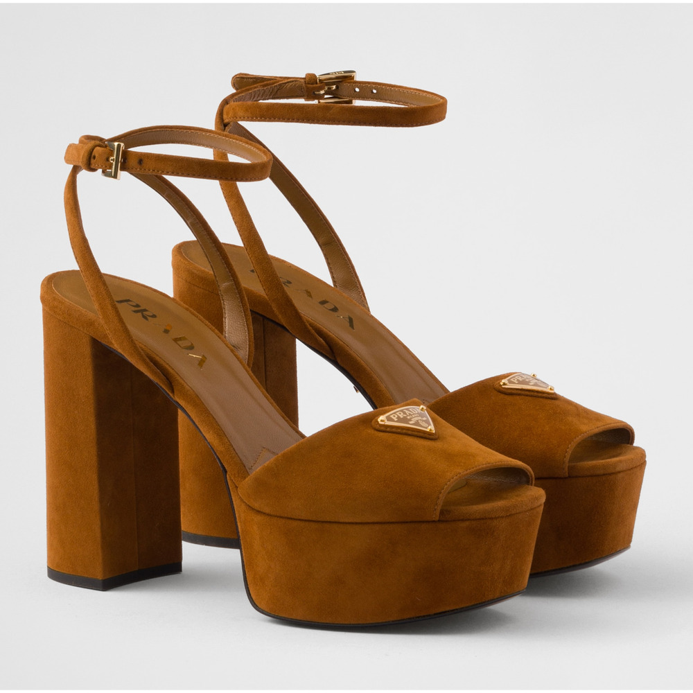Prada 115mm Cognac Brown Suede Platform Sandal Ankle Strap Block Heel Pump 38.5